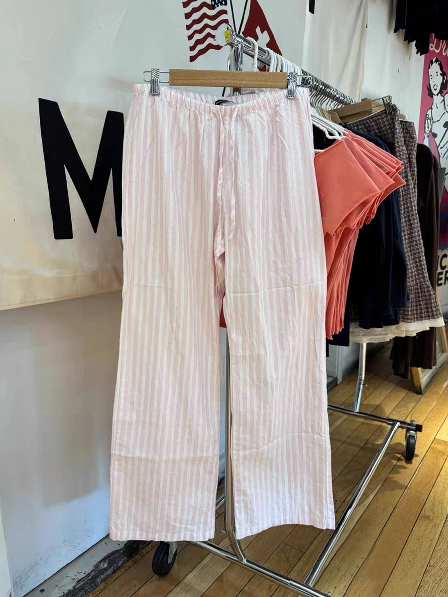 

Новые розовые полосатые прямые длинные брюки, летние хлопковые брюки с низкой талией и завязками, женские милые уютные домашние брюки Y2k