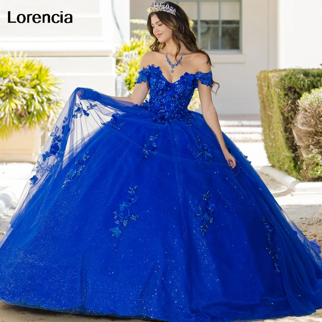 

Lorencia Mexican Royal Blue Quinceanera Dress Ball Gown Shiny Lace Applique Beaded Corset Sweet 16 Vestidos De 15 Años YQD838