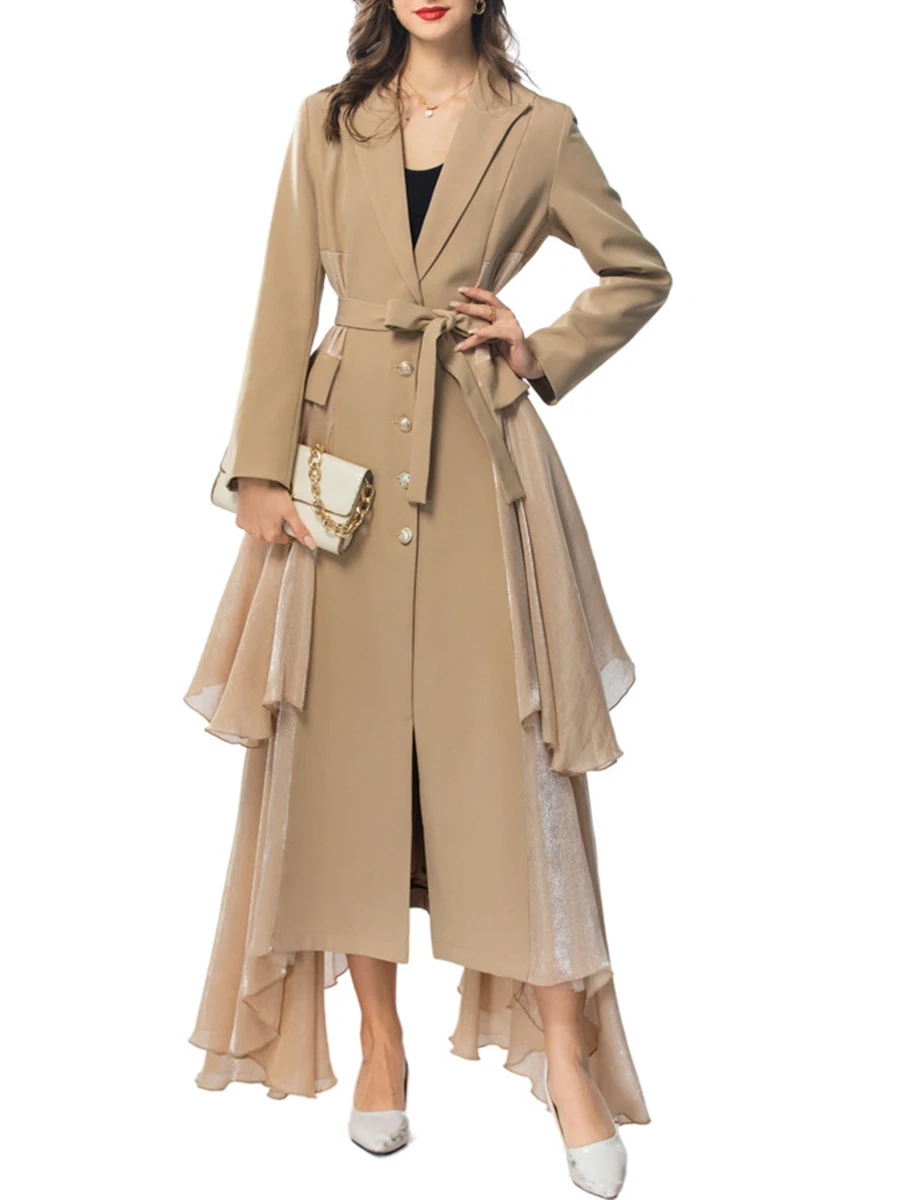 TWOTWINSTYLE Solid Spliced Sashes Asymmetrical Trenches For Women Lapel Long Sleeve Patchwork Button Temperament Coats Female