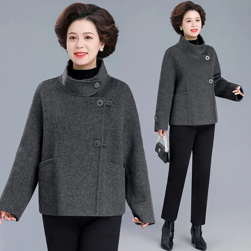

Двустороннее шерстяное пальто для женщин старше 50 лет: модная весенне-осенняя верхняя одежда свободного кроя с карманами и обычными рукавами