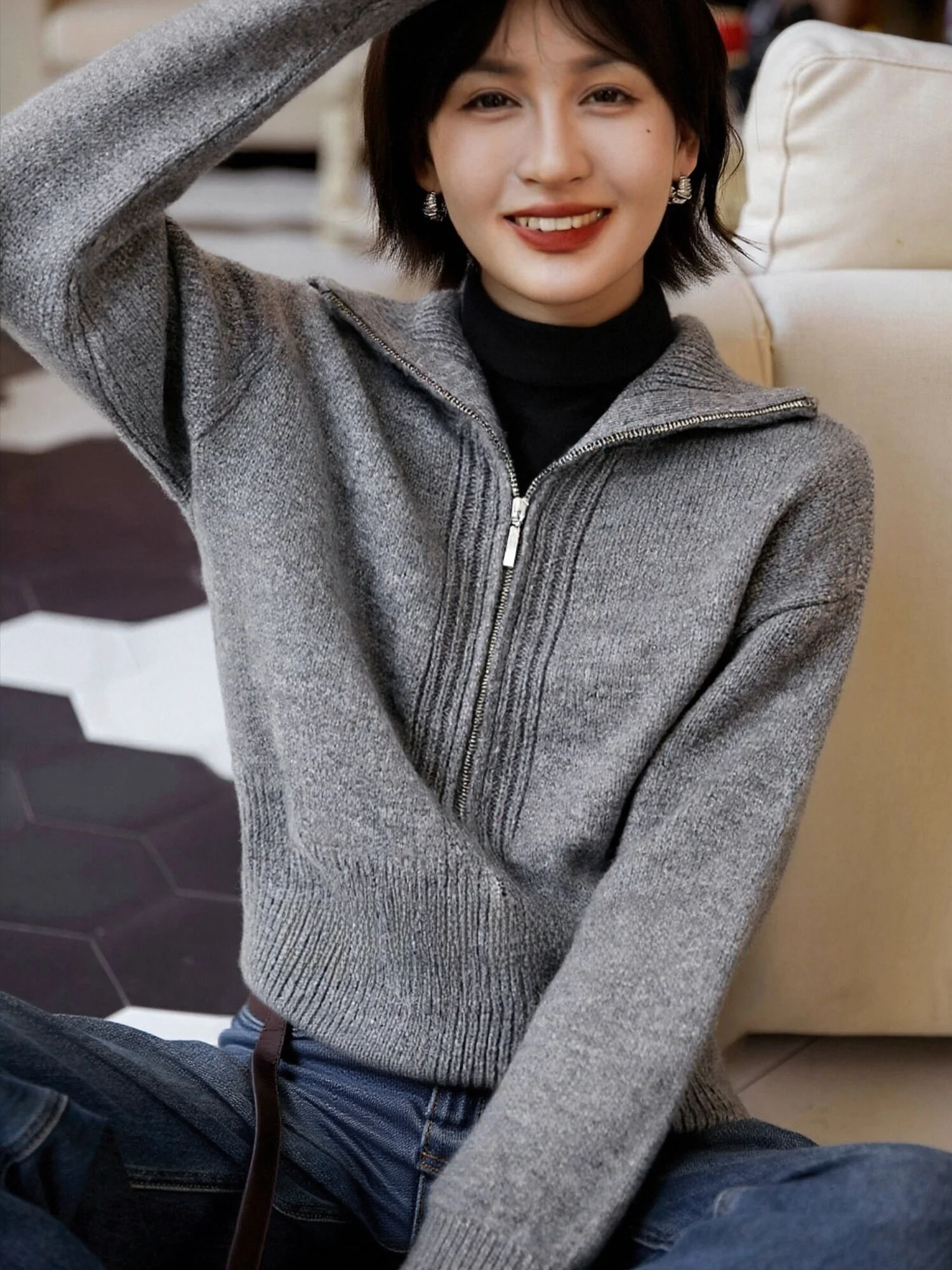 

Thiened Knitted Zipper Hooded Open Cardigan Women's ey Autumn Winter Sweater Jaet High-End Feeling Chivirin Premium Woo...