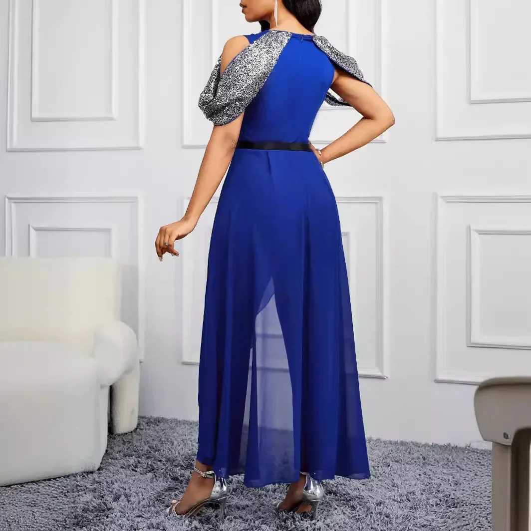 Women Skirt Jumpsuits Round Neck Sequins Sleeveless Design Elegant Belt Embellished Mesh Panels Straight Leg Casual Party