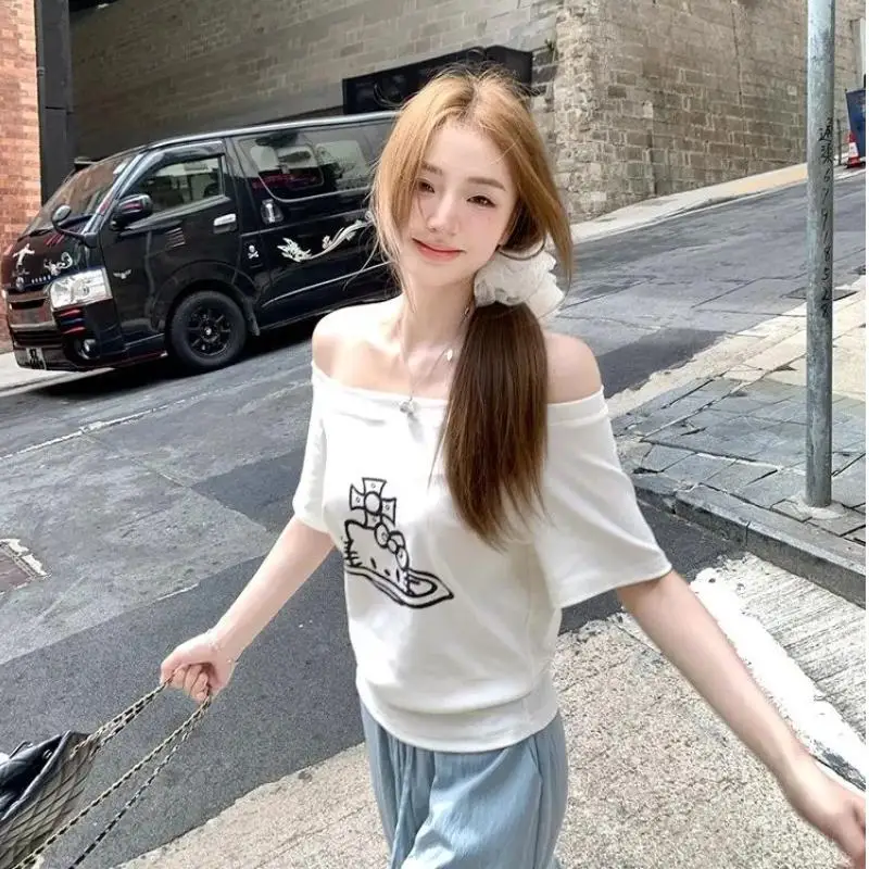 

Sanrios Kawaii T Shirt Hello Kittys Cartoon Short Sleeves Off Shoulders Sweet Versatile Comfortable Breathable Loose Cartoon