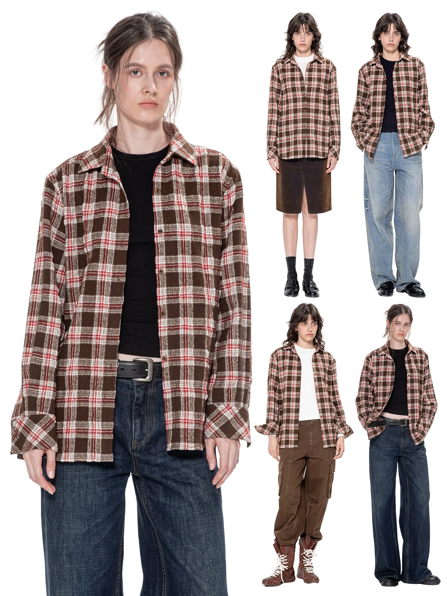 

TROU NOIR Bla Hole 2025 Autumn Winter New Vintage Plaid Loose irt Outerwear Women's Long Sve Warm Thiened Wool Blend