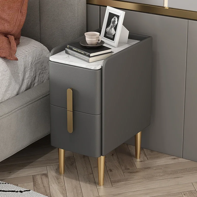 Small ultra-narrow bedside table simple modern luxury leather bedside cabinet rock plate mini home storage slit narrow cabinet