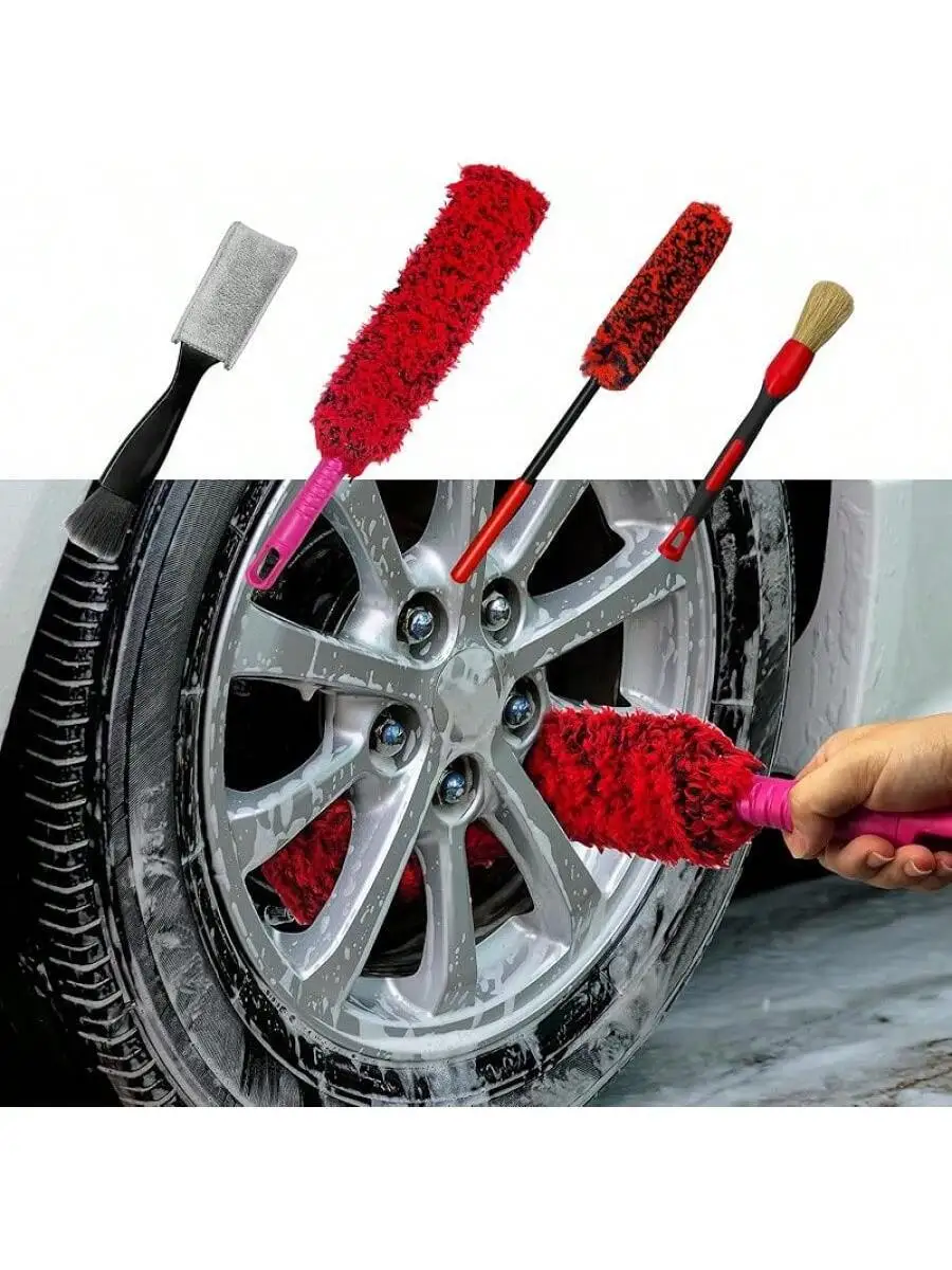 4 Pack Car Wheel Brush Kit - Soft, Scratch-Free Microfiber & Synthetic Wool Cleaning Brushes For Tires, Rims, Fenders, Engine,