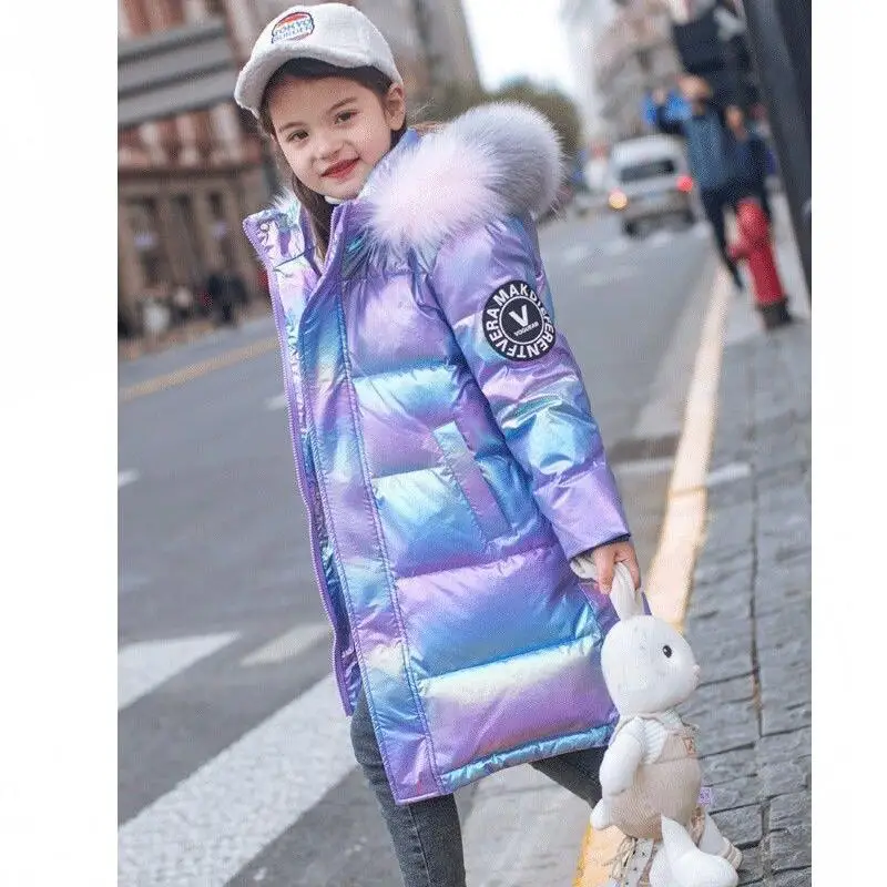 3-14 Years Old Winter Boys Girls Jacket Long Style Hooded Fur Collar Colorful Heavy Coat For Kids Children Outerwear