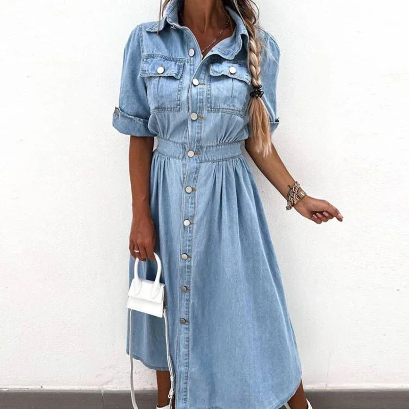 

High Street Office Denim Dresses Chic Summer Short Sleeve Women Elastic Waist Long Elegant 2024 Lapel Button Jeans Dress