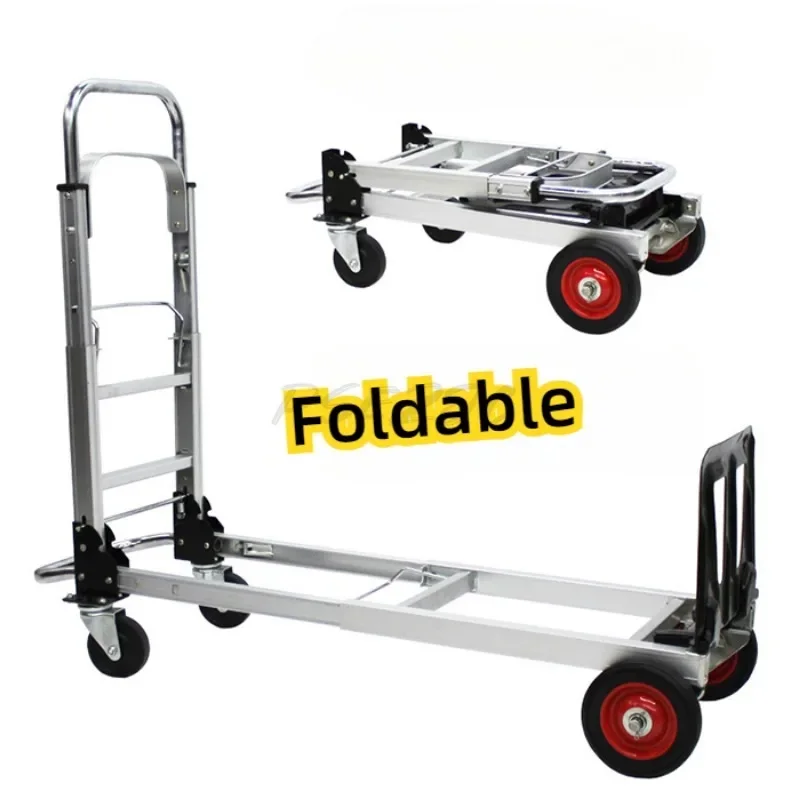 Folding Four-wheel Hand Pulled Luggage Cart Shopping Trailer Express Logistics Handcart All Aluminum Flat Plate