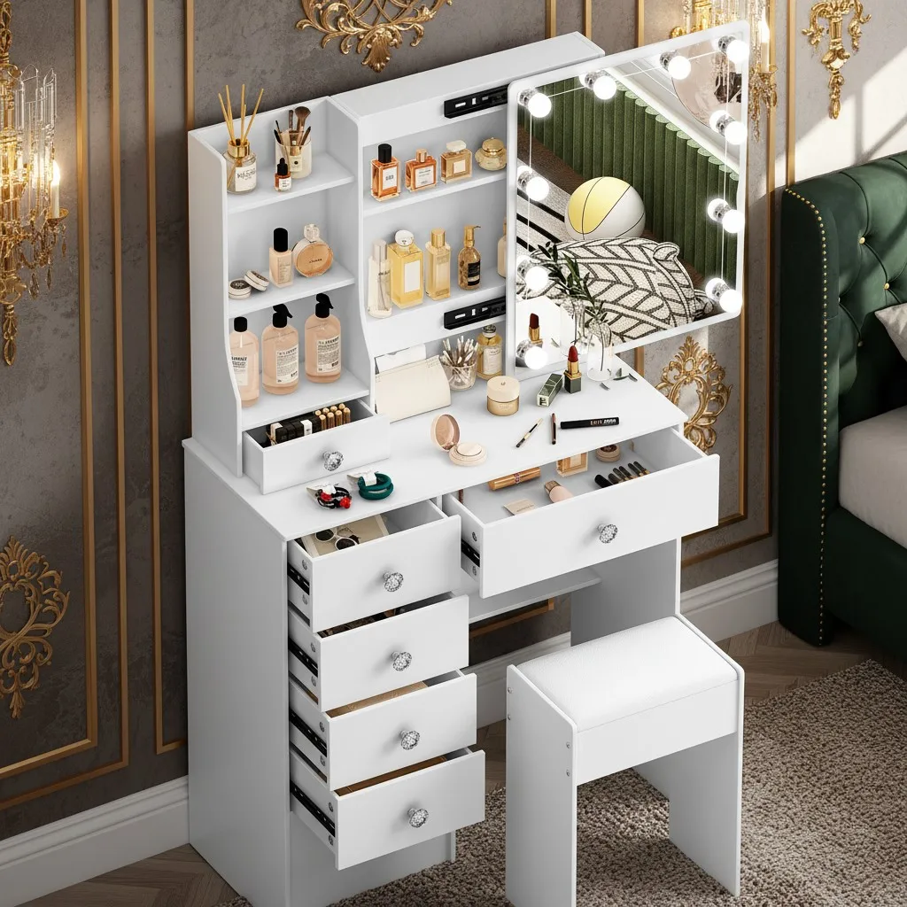 Tocador de maquillaje Juego de mesa de tocador LED con espejo de almacenamiento y taburete para amantes del maquillaje Regalo de Navidad perfecto