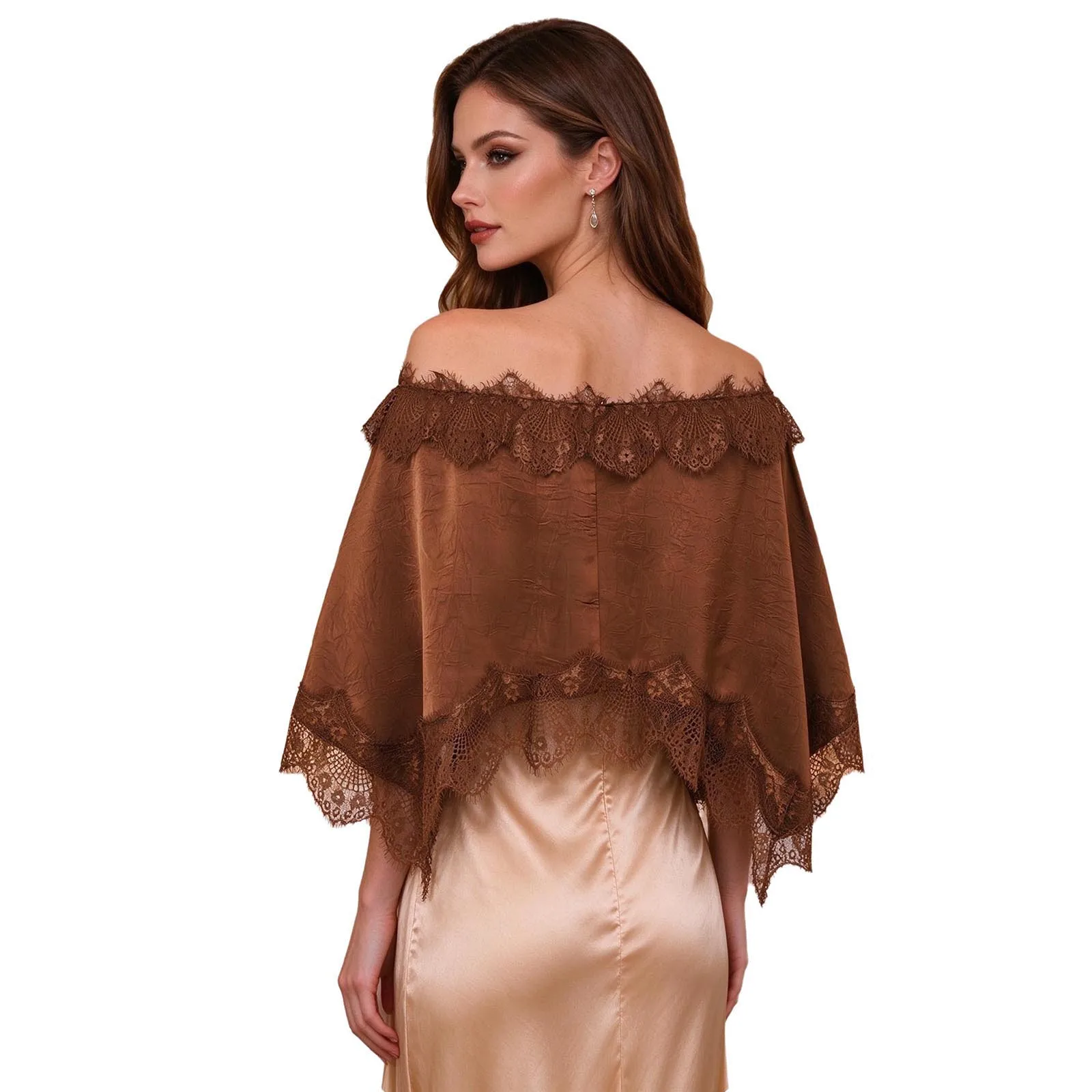 Elegant Women Wedding Lace Trim Satin Shawl Cape Irregular Hem Cover Up Wraps Top Cocktail Banquets Evening Party Shrug Ponchos
