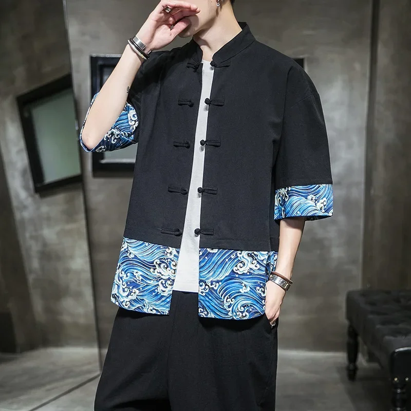 Hanfu summer Chinese style men short sleeve cotton t shirt kung fu clothes Tai Chi tee tops qipao casual blouse 12063