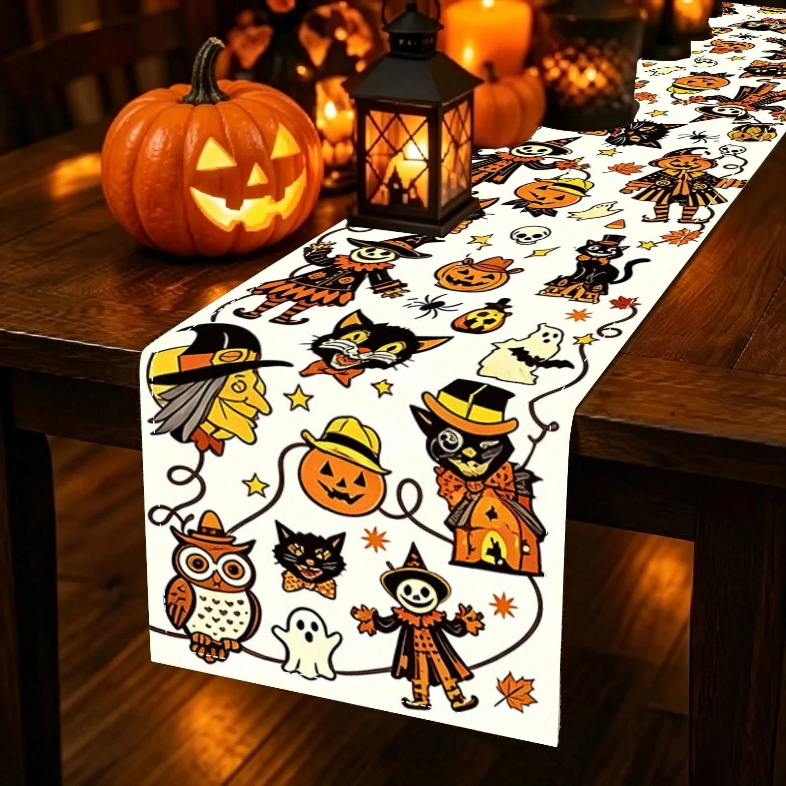 1pc Cartoon Halloween Element Print Multi‑Size Table Runner for Dining Table Kitchen Living Room Holiday Party Home Tabletop Orn