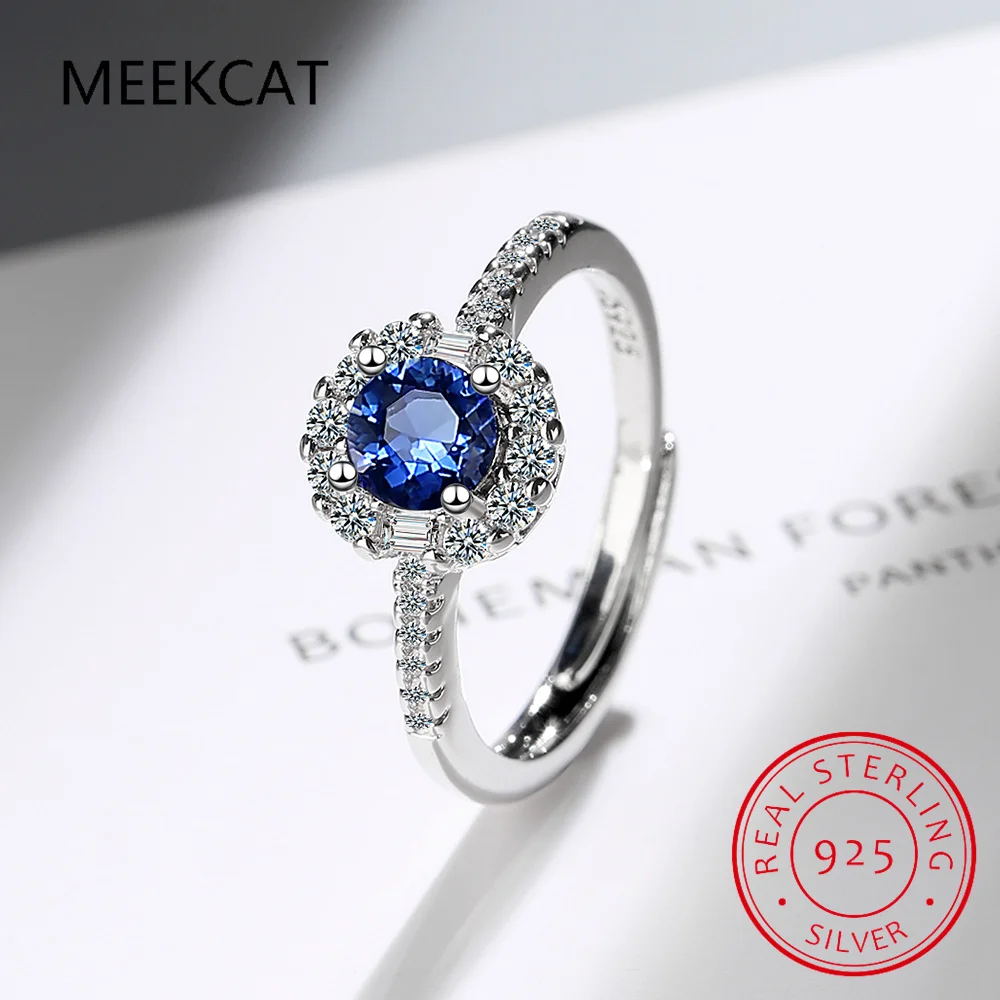 925 Sterling Silver New Woman Fashion Jewelry High Quality Crystal Zircon Blue Sapphire Open Adjustable Ring anillos mujer