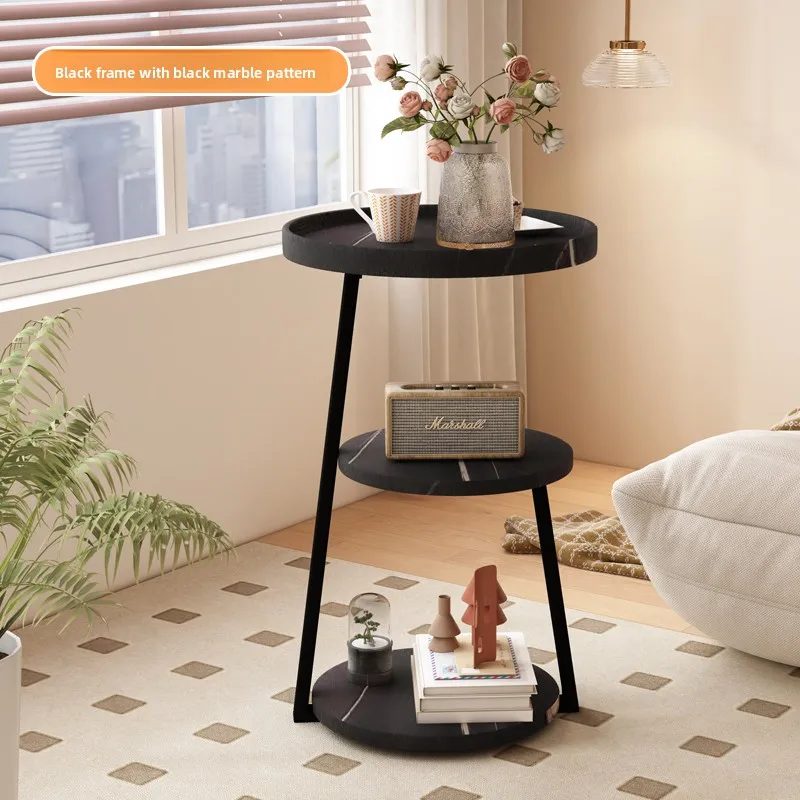 Round Side Table for Living Room, Modern Small Coffee Table Bedside Stand, Compact Waterproof Desktop, Metal Frame Raised Edge
