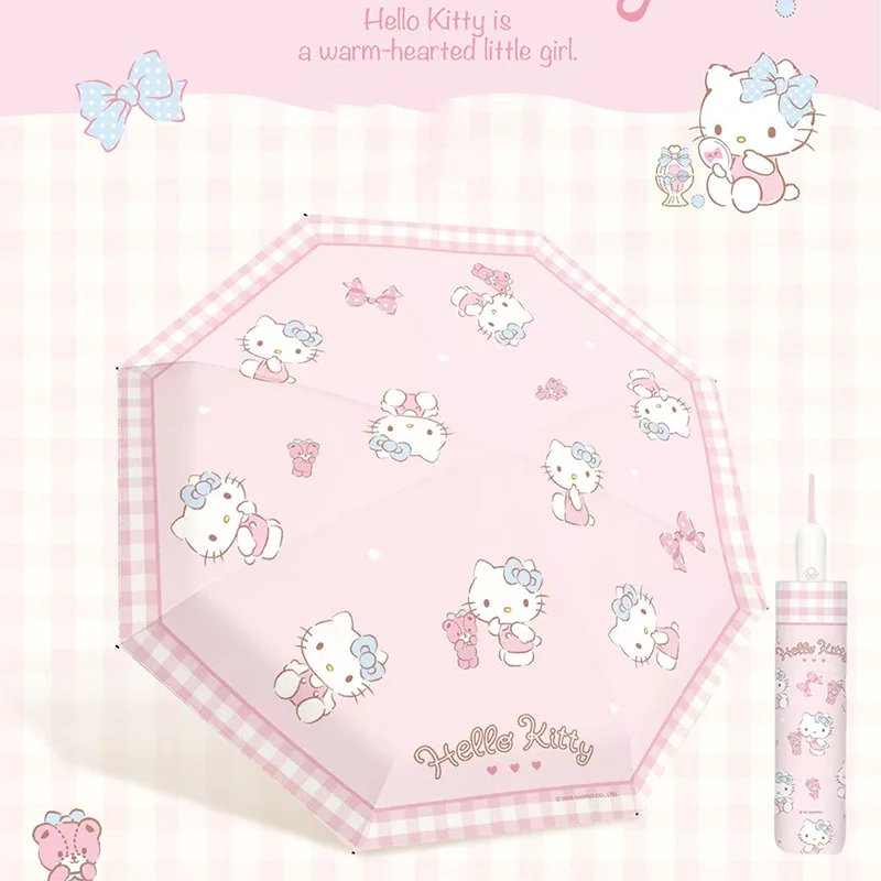 Official Sanrio Hello Kitty Folding Umbrella Black Coating Cute Pink Grid Print Auto Open Close Sun Rain Dual Use Portable Girls view 5