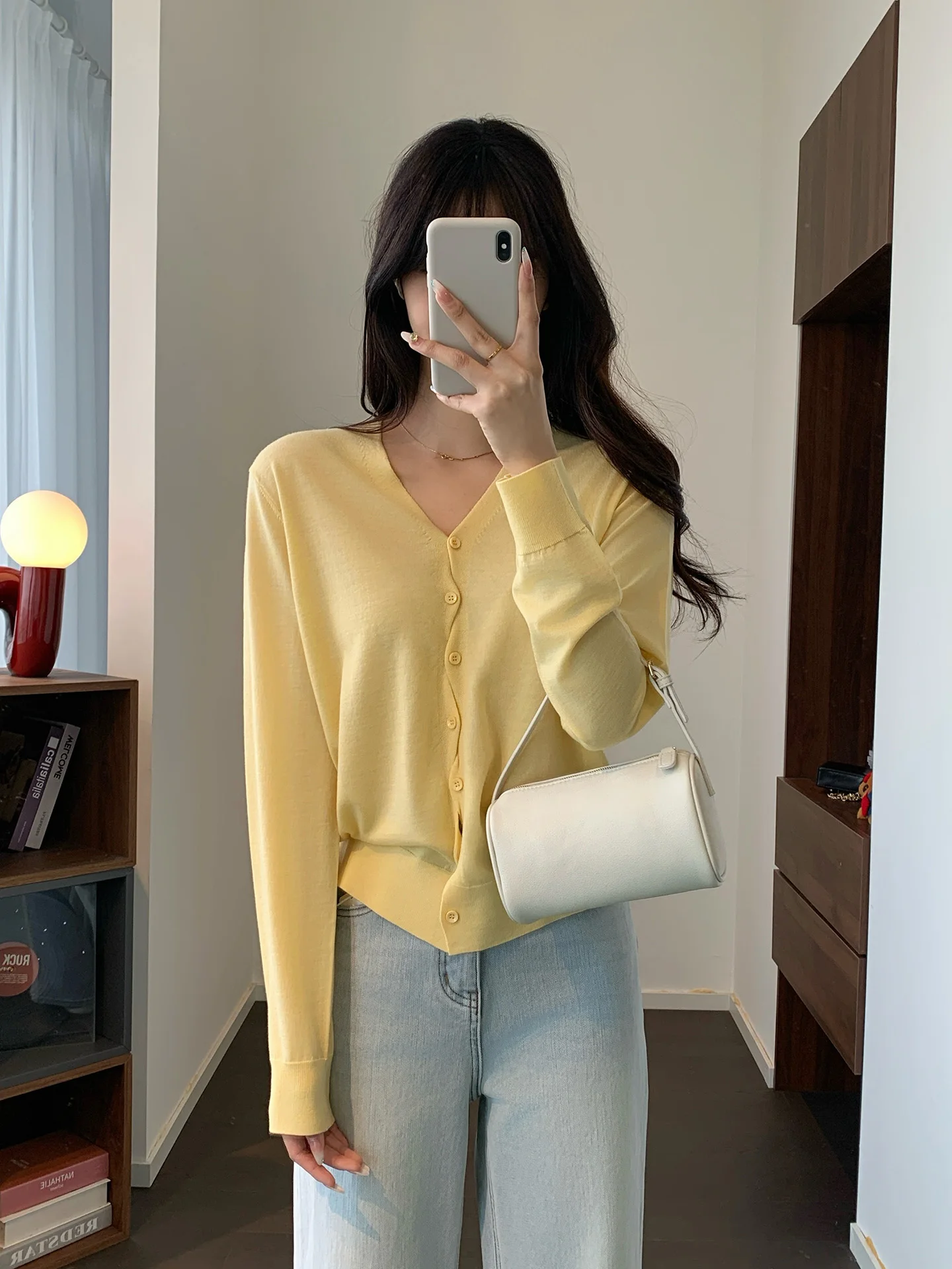 

Ele Commute Woolen Knitted Cardigan V-Ne Button Design Ultra-Fine Crossed Buttons Basic Workwear Long Sve Top