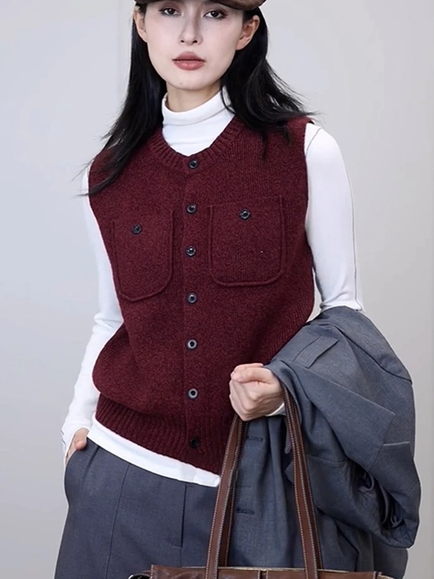 سترة نسائية محبوكة مريحة مستديرة Ne سترة تنحيف غير رسمية بطبقات للخريف النسخة الكورية قصيدة فن لين