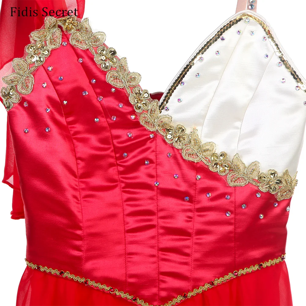 여성 전문 로맨틱 발레 튜튜 아이보리 탑 보디스 소프트 레드 쉬폰 스커트 발레리나 무대 경연 댄스 의상