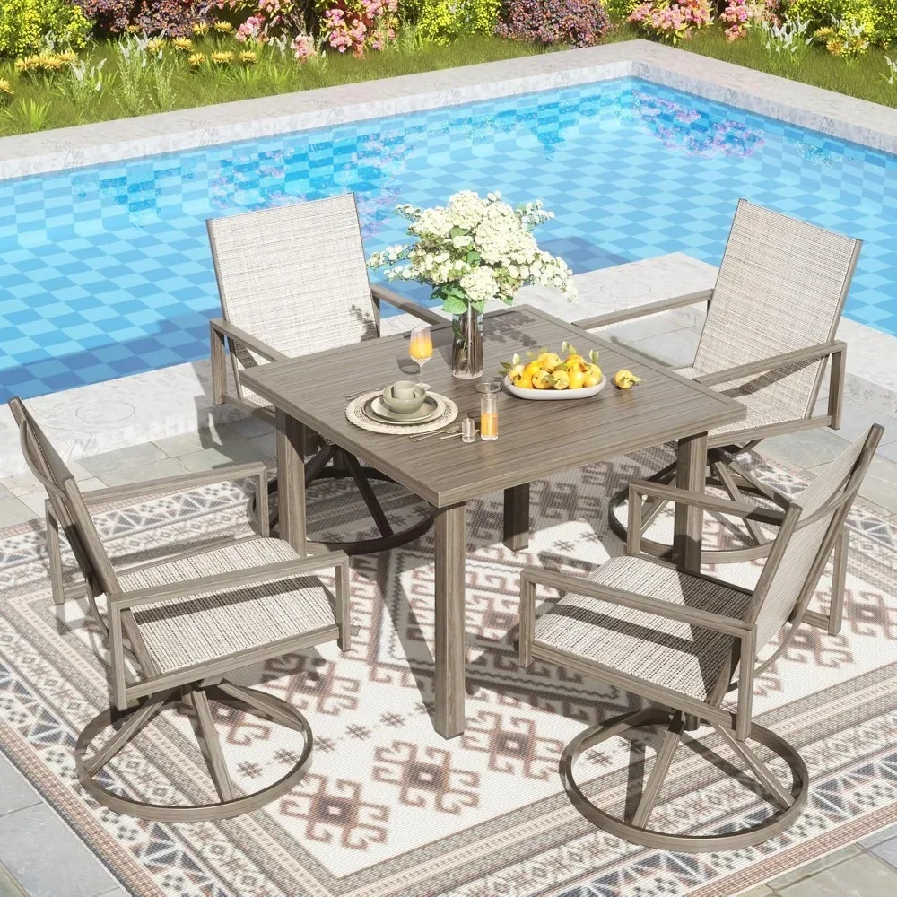 

Patio Swivel Dining Set, 4-Piece Mesh Sling High Back Chairs,1-Piece Square Woodgrain Steel Dining Table ,Garden Furniture Sets