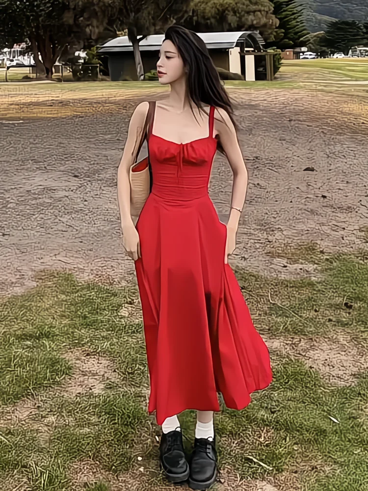 Vestido Largo Rojo Dulce y Picante con Tirantes para Mujer, Novedad 2025, Regalo de Cumpleaños Festivo, Vestido Vintage con Cintura Ajustada para el Día a Día