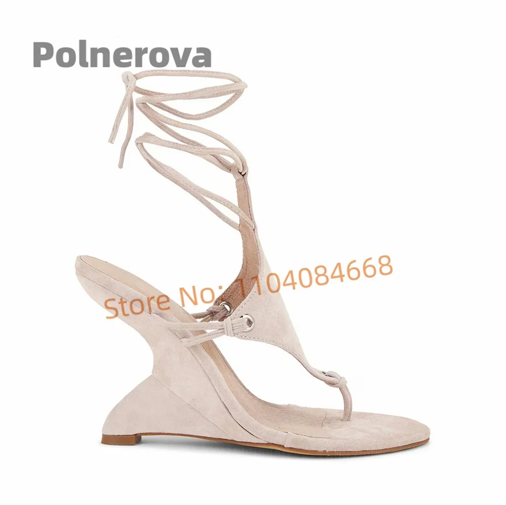 Sandalias sexis de ante marrón para mujer, cuñas con punta de Clip, tacones altos con cordones, estilo novedoso de verano para mujer, zapatos de pasarela para fiesta de diseñador