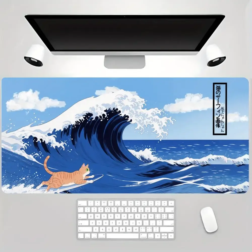 แผ่นรองเมาส์สำหรับเล่นเกมขนาดใหญ่ XXL ดีไซน์ลายคลื่นทะเล พร้อมลูกแมว ขอบเย็บ เหมาะสำหรับใช้ในสำนักงานและที่บ้าน
