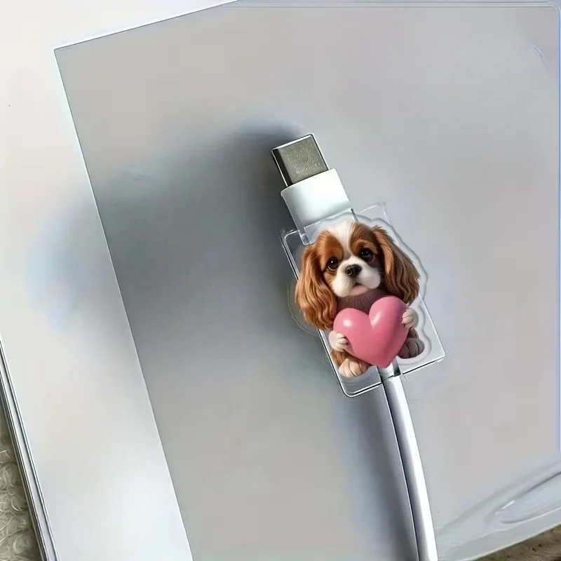2D Flat Acrylic Data Cable Protective Cover Cute Dog Holding Pink Love Suitable for Type-C Decorative Accessories Gifts Fun