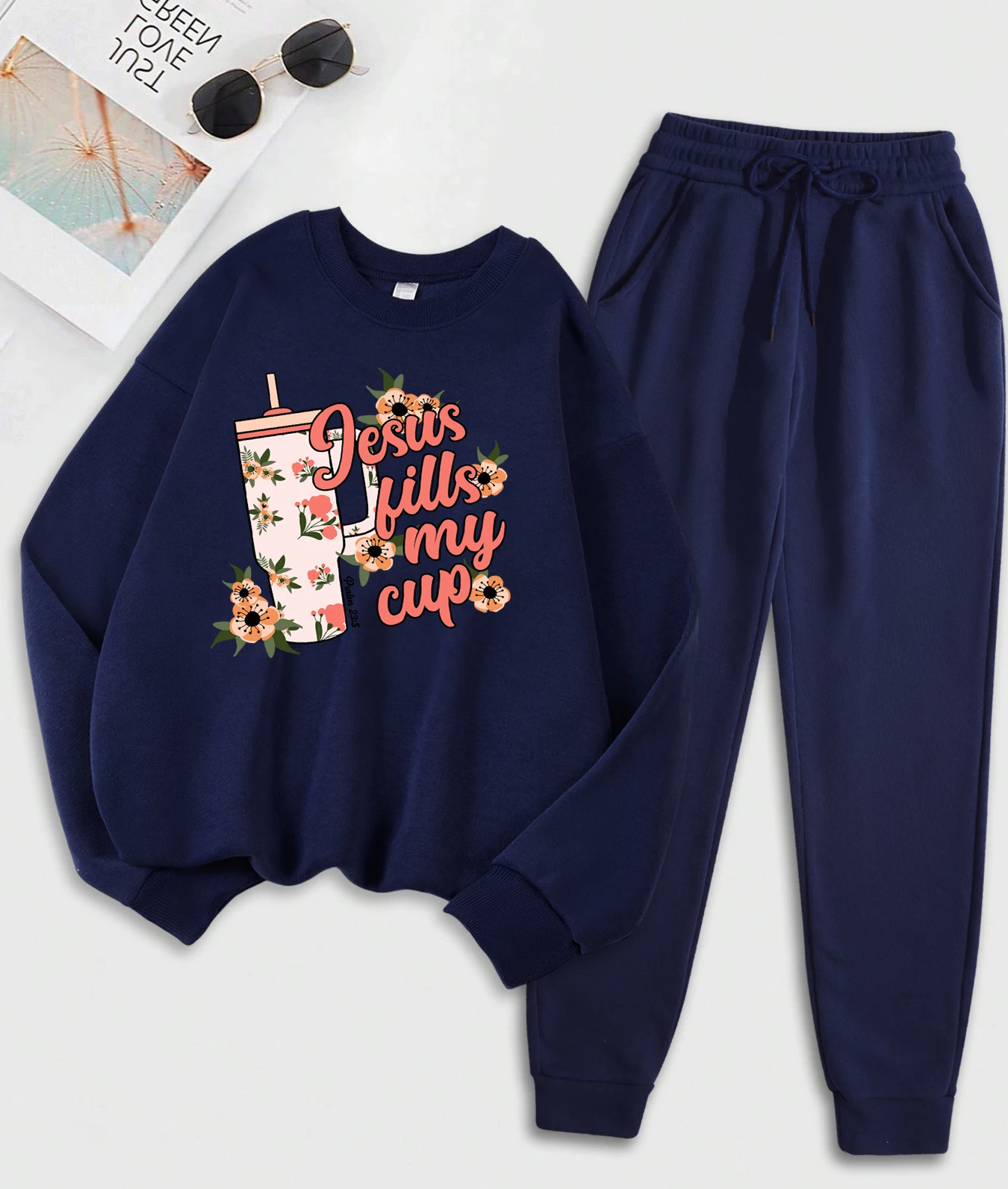 

Jesus Large Capacity Cup Design Sweatshirt Set Women Hip Hop Crewneck Pullovers Street All-Match Sweatpant Y2K Fleece Sportswear