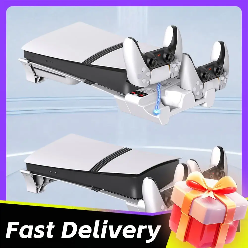 

2 Controller Charger W/ USB Hub Horizontal Cooling Stand Base Holder with Controller Charging for PS5 Slim/PS5 Pro Disc & Digita