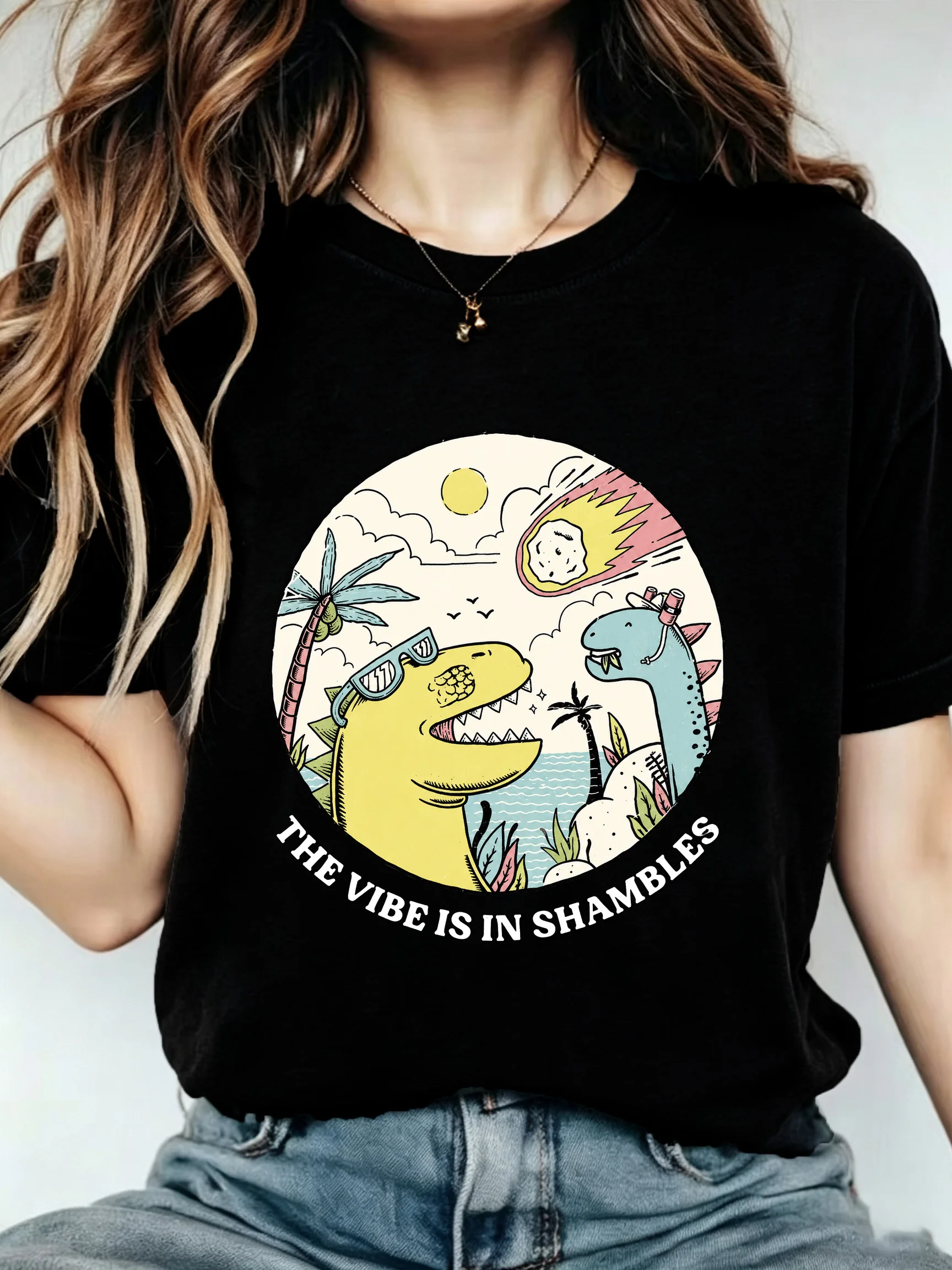 【WZM17760】Large size women's short sleeved T-shirt cartoon dinosaur print short sleeved street fashion casual round neck summer