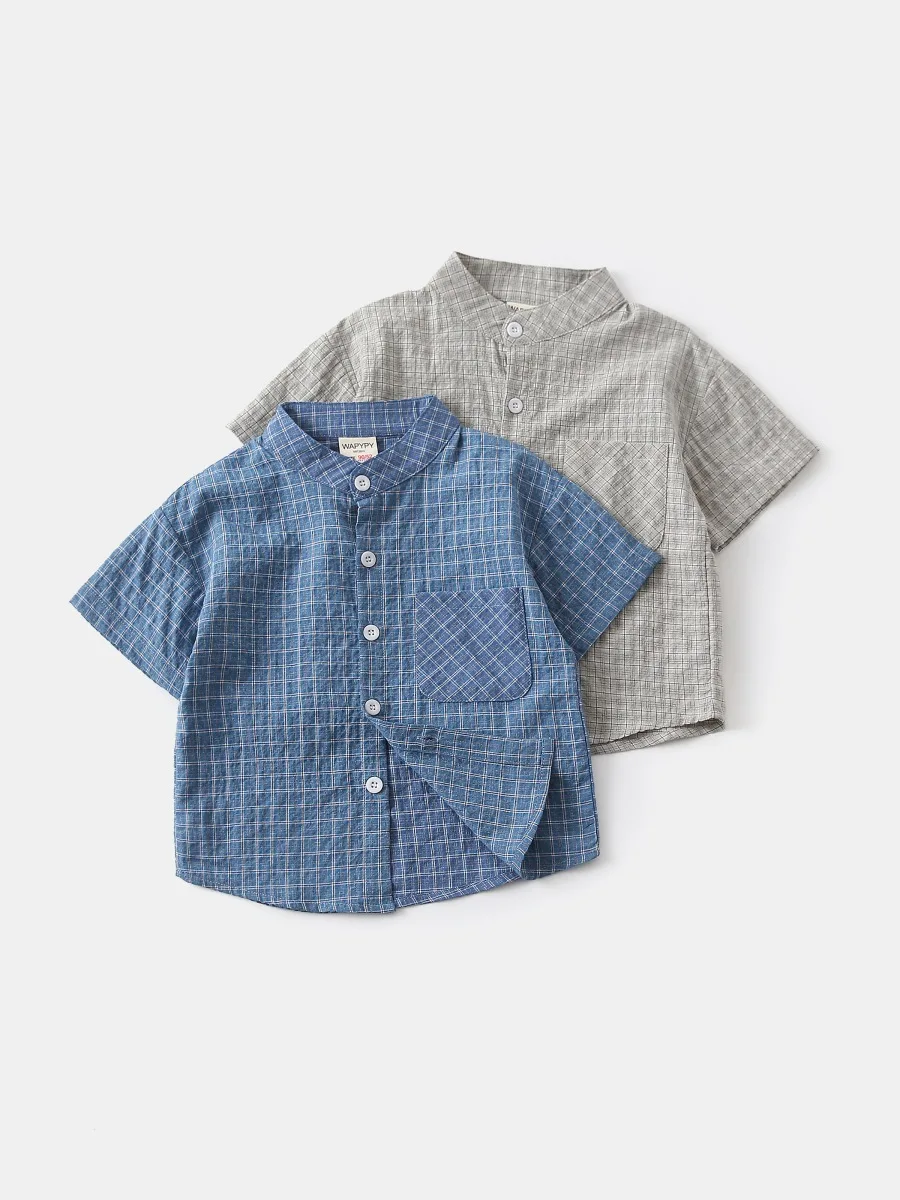 2026 New Summer 2-6T Childrens Clothes Stand Collar Plaid Boys Shirt with Chest Pocket Lightweight Cotton