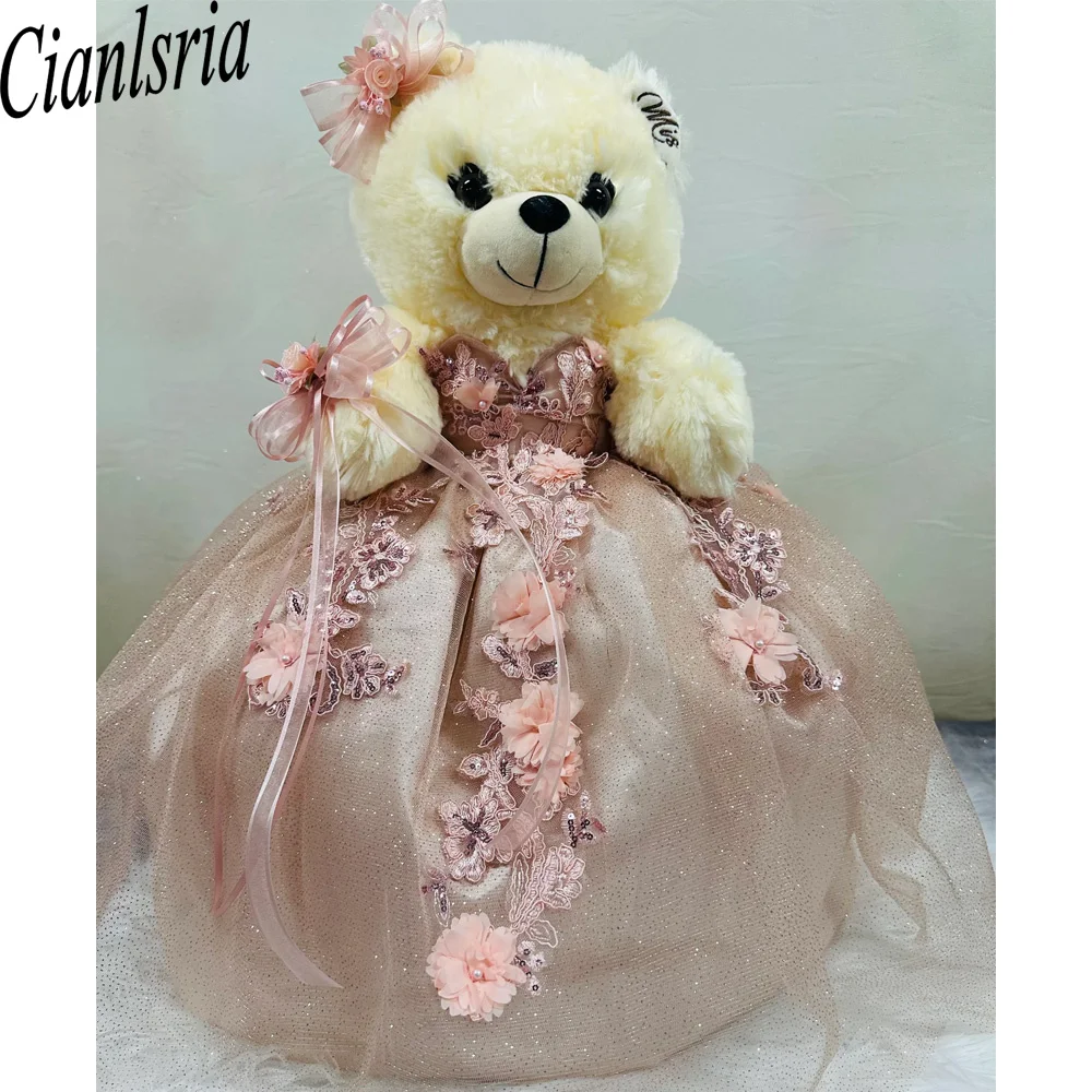 Pink Personalized Quinceanera Teddy Bear Dress Bead Appliques Mini Quinceanera Dress Tiered Customized