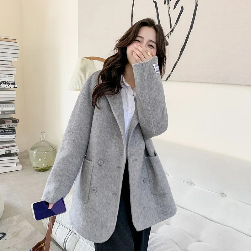 2024 new double-sided woolen wool coat women short temperament loose version of a suit collar rabbit velvet coat free delivery