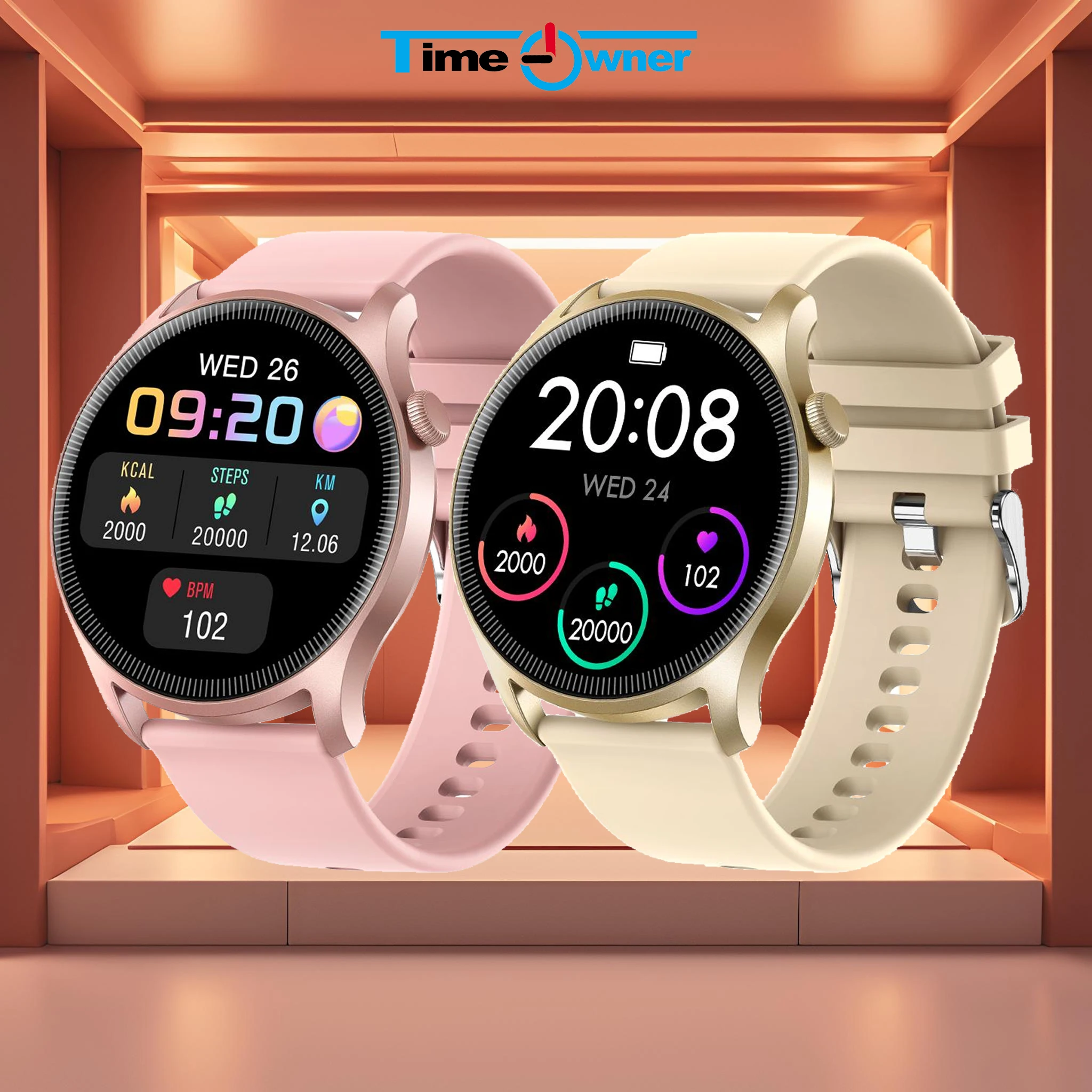 Time Owner T6 Women's Smart Watch: IPS HD Display, IP68 Waterproof, Slim & Lightweight, 24/7 Health Tracking, Gold/Black/Pink