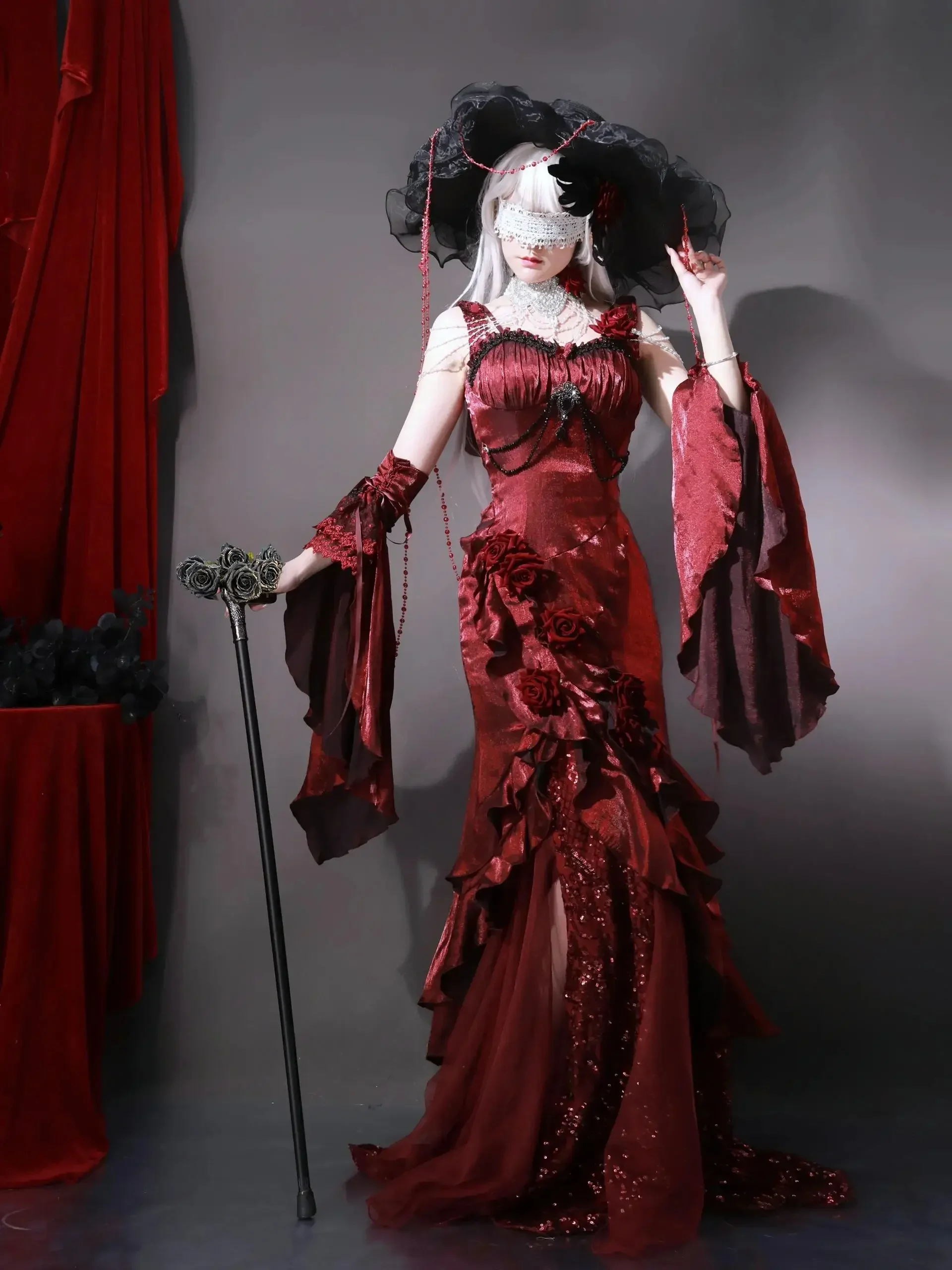 Red Rose Lolita Slimming Long Asymmetrical Fishtail Dress Lolita Halloween Muse Sexy Cos Suspender Dresses and Sleeves 2025