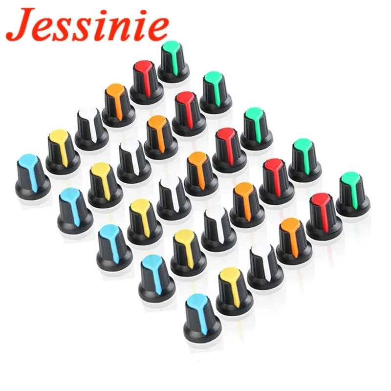 6 шт./30 шт. WH148 комплект ручек потенциометра, пластиковые ручки, колпачок 6 мм, отверстие для вала AG2, желтый, оранжевый, синий, белый, красный, 5 значений * 6 шт. = 30 шт.