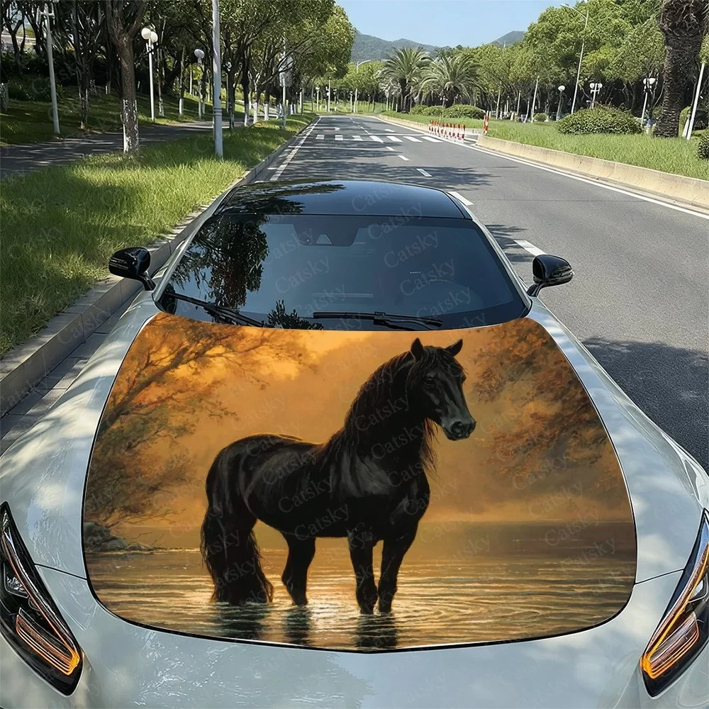 Black Horse Cool Car Hood Sticker PVC Self Waterproof Stick, Striking Auto Exterior Accessories Decor Protect Gift for Car Lover