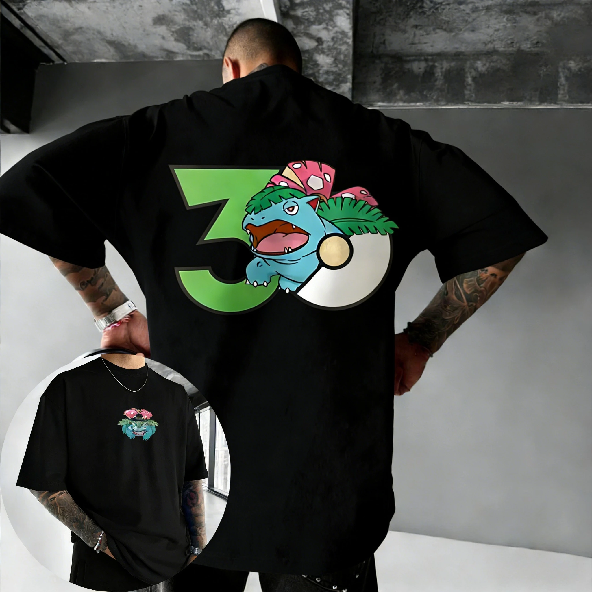 2026 Pokémon 30th Anniversary Venusaur Printed T-shirt NewSummer Men's and Women's Loose Casual Hip Hop Trendy Short Sleeve Top