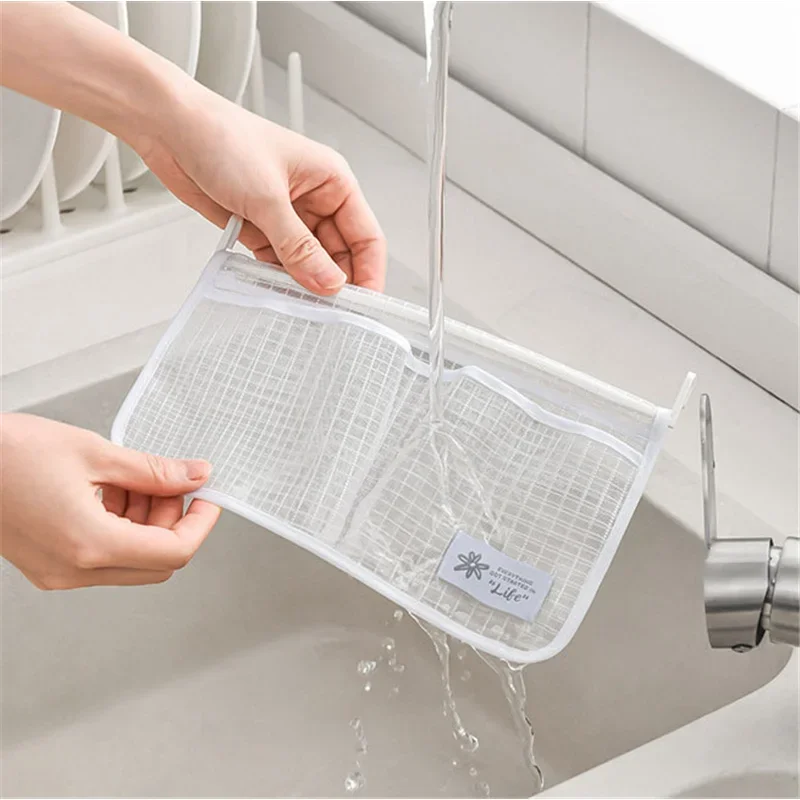 Refrigerator Storage Mesh Bag Double Compartment Hanging Pouch Kitchen Organizer Pockets with Hook Washable Fridge Net Bag