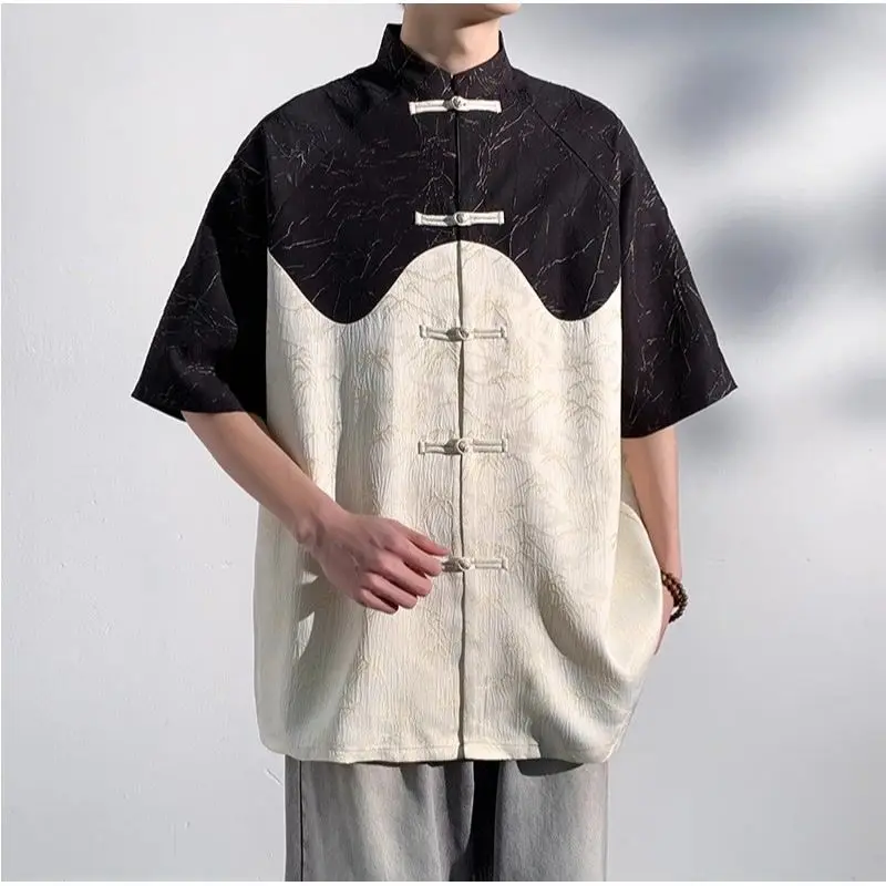 Lente Zomer Nieuwe Mode Opstaande Kraag Heren Kleding Kikker Korte Mouw Ropa Hombre Bedrukt Patchwork Losse Vintage Shirts