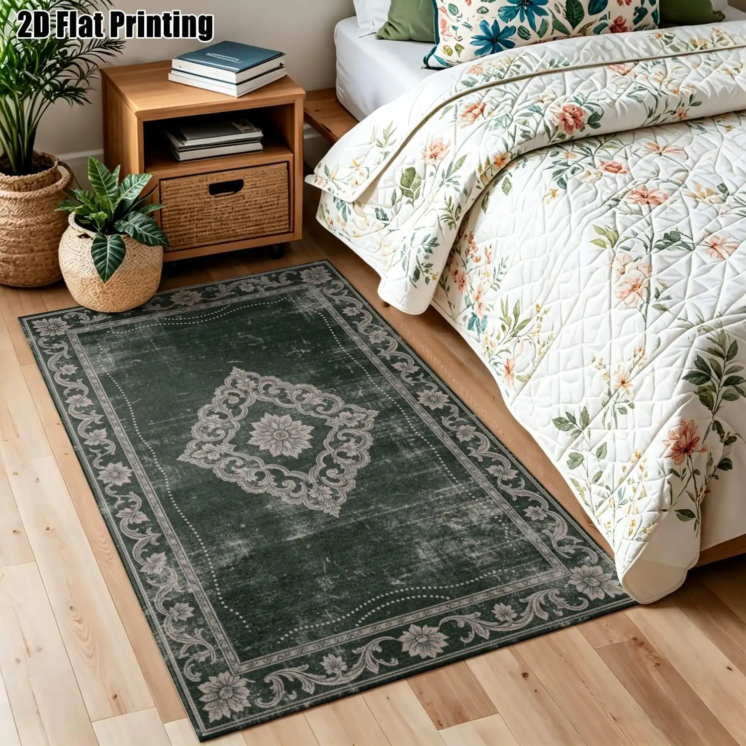 1Pc 2D Printed Carpet: Dark Green-Grey European Retro Scroll Pattern, Multi-Size Machine Washable, for Entrance, Dining, Bedroom, Living Room Etc