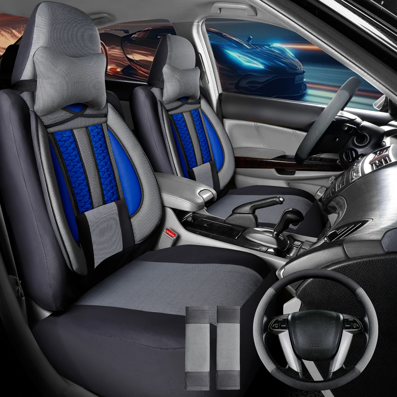 General Seat Cover, Universal Elastic Fabric, All-season, Breathable and Wear-Resistant Floor Mat, Five-Piece