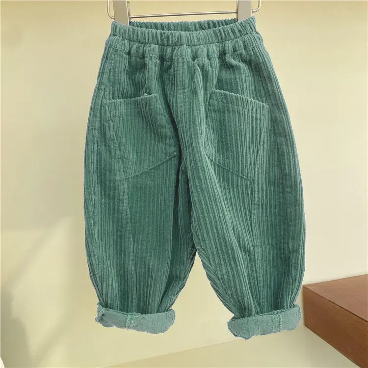 Korean Children\'s 2023 Autumn Boys\' Corduroy Pants Children\'s Solid Child Thick and Thin Striped Casual Radish Pants