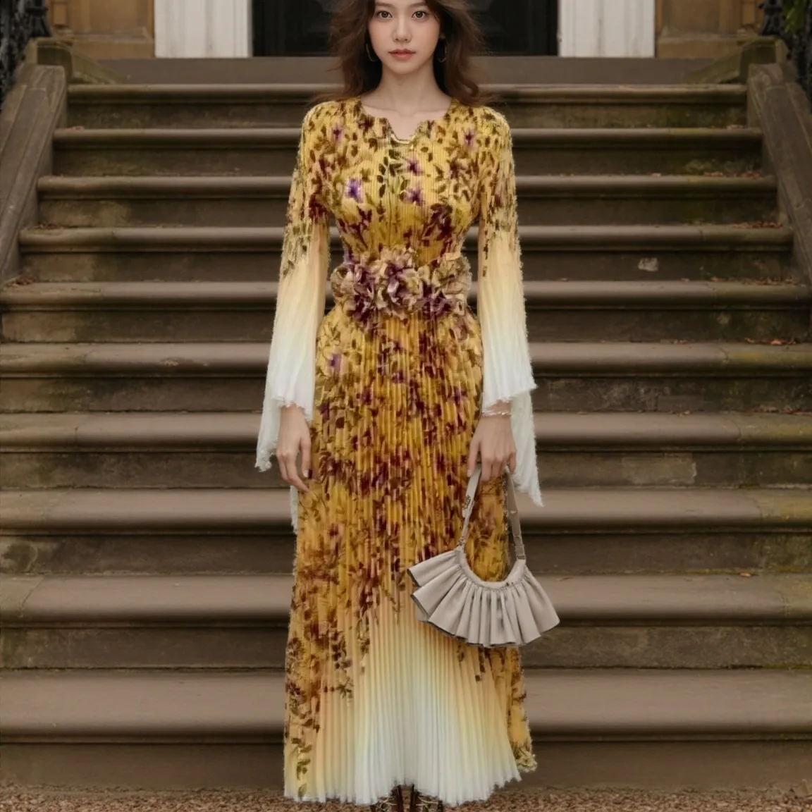 

Женская расклешенная юбка Rican Design с принтом, утянутой талией, декоративными складками и 3D-цветочным декором, Весна 2026