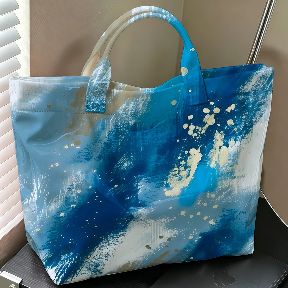 Blue Gold Brush Fashion Large Glossy PVC Tote Bag Hand Washable Waterproof Perfect Travel Commute Cosmetic Storage Shopper