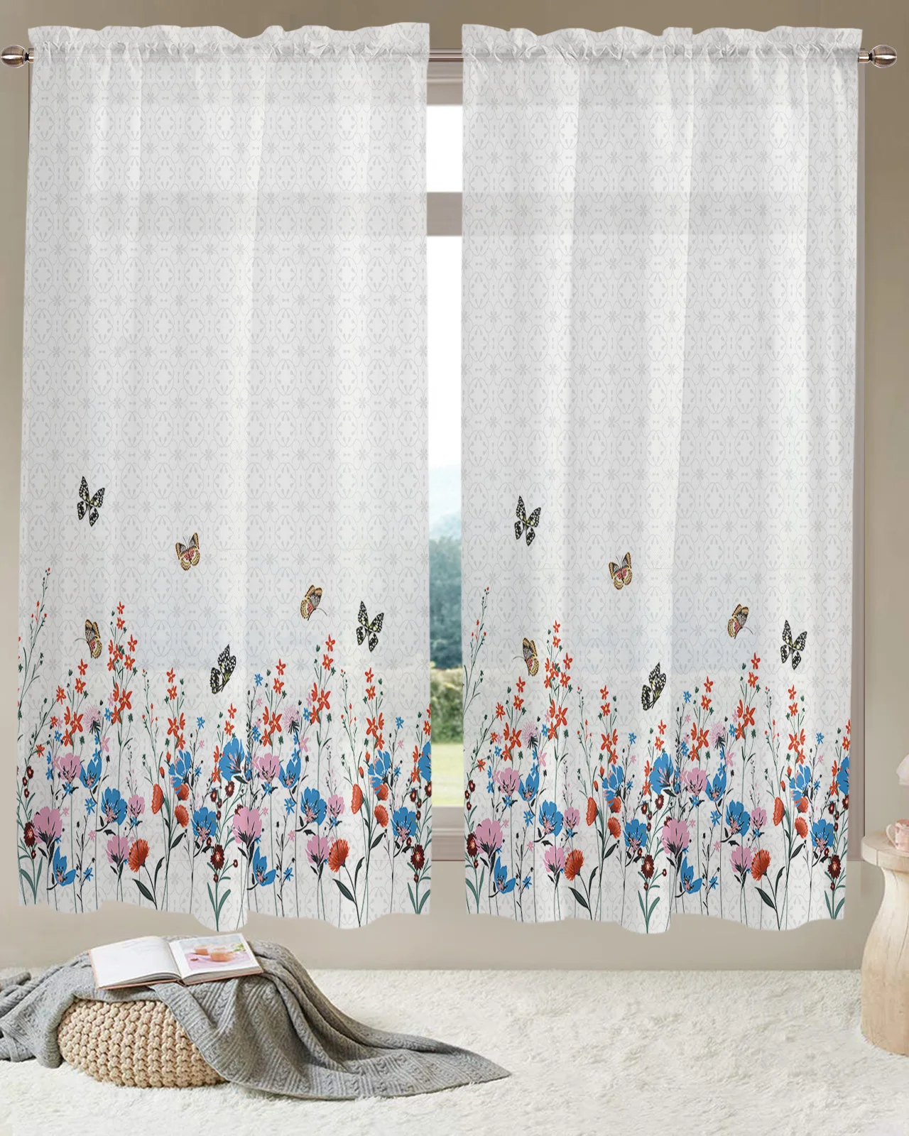 Spring Flowers Butterfly Retro Short Sheer Curtains for Living Room Bedroom Kids Tulle Curtain Kitchen Window Drapes