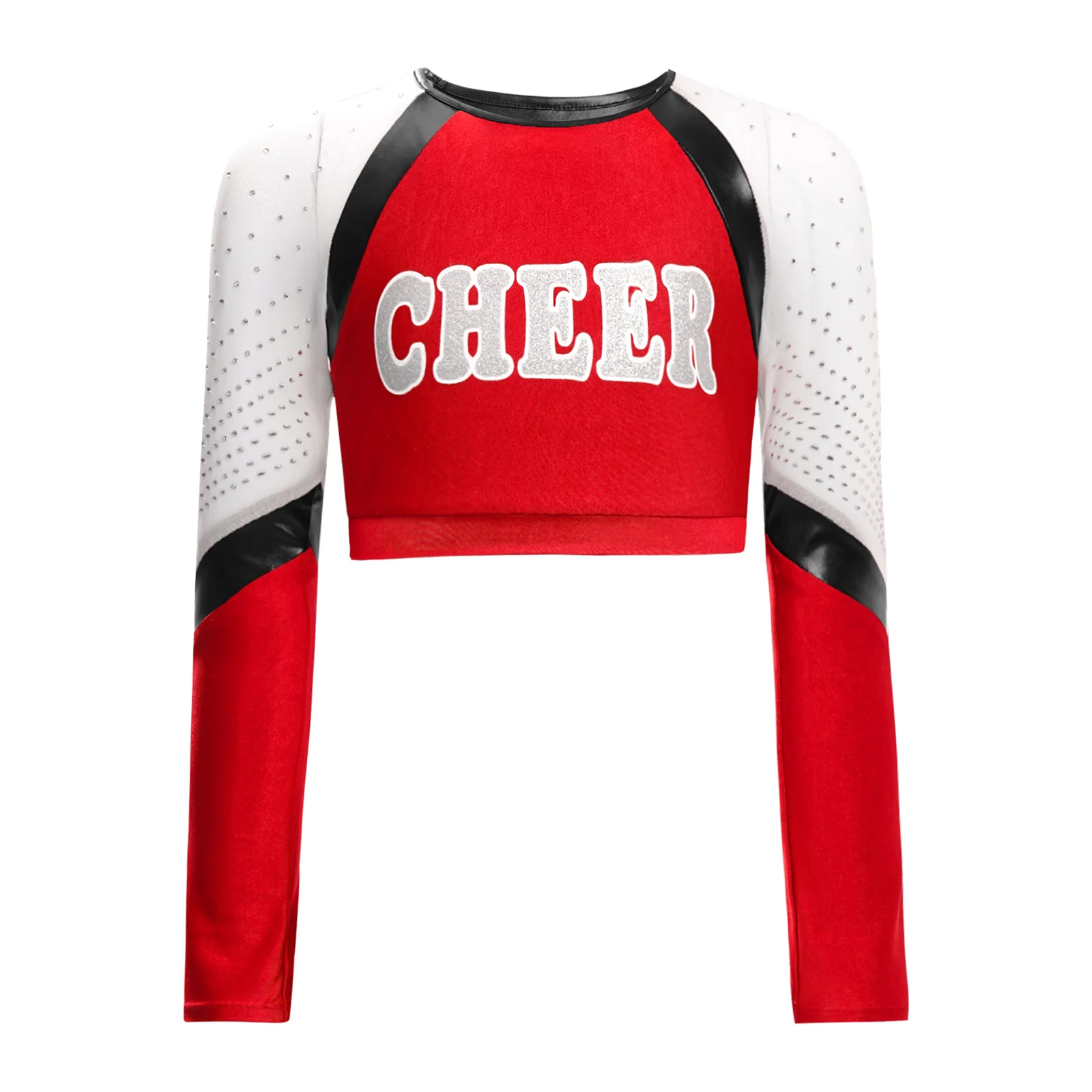 طفل الفتيات التشجيع موحدة المشجع أداء الرقص زي الراين طويلة الأكمام إلكتروني طباعة المحاصيل الأعلى متوهج السراويل