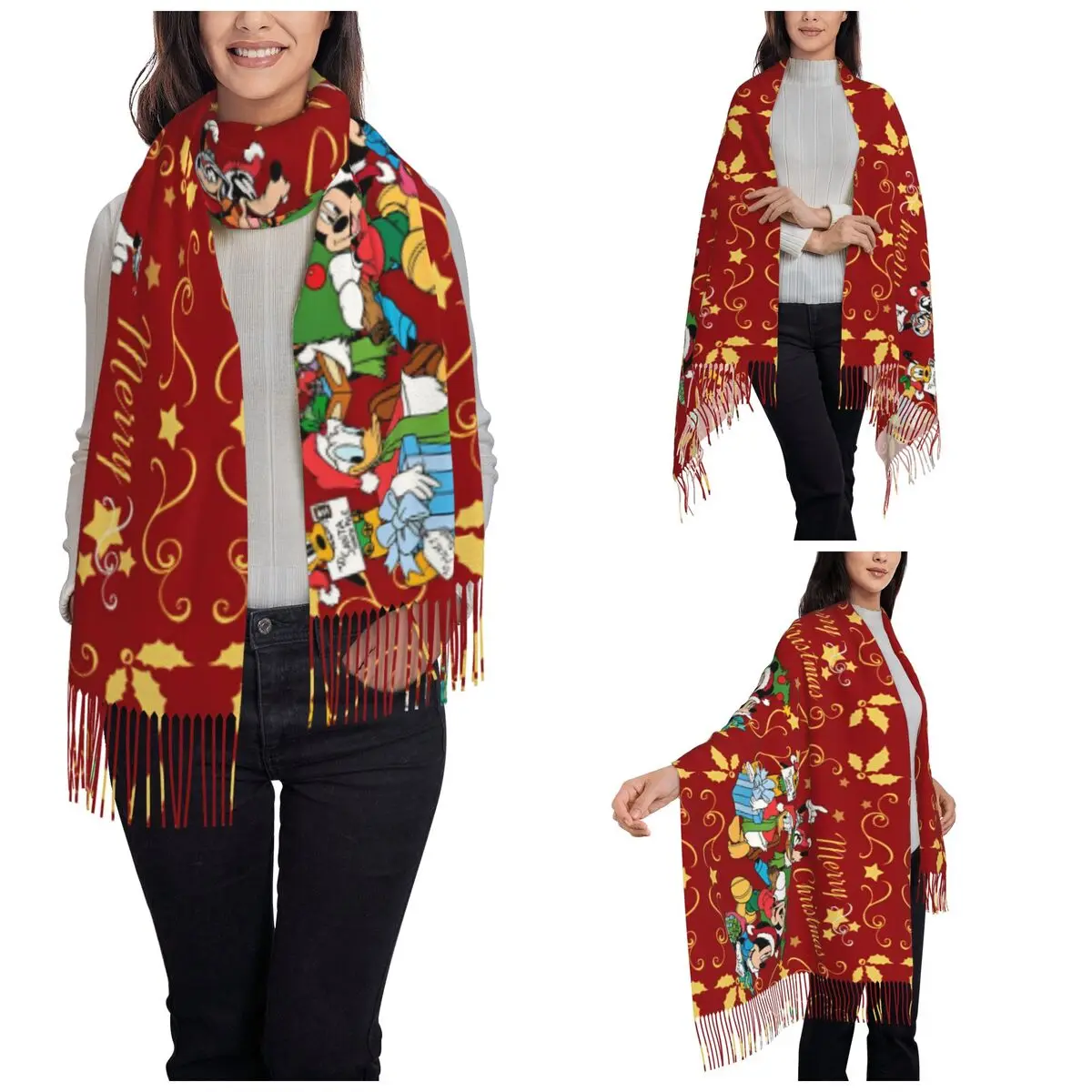 Women's Scarf with Tassel Christmas Mickey Mouse Long Soft Warm Shawl and Wrap Minnie Donald Duck Goofy Goof Pashmina Scarves