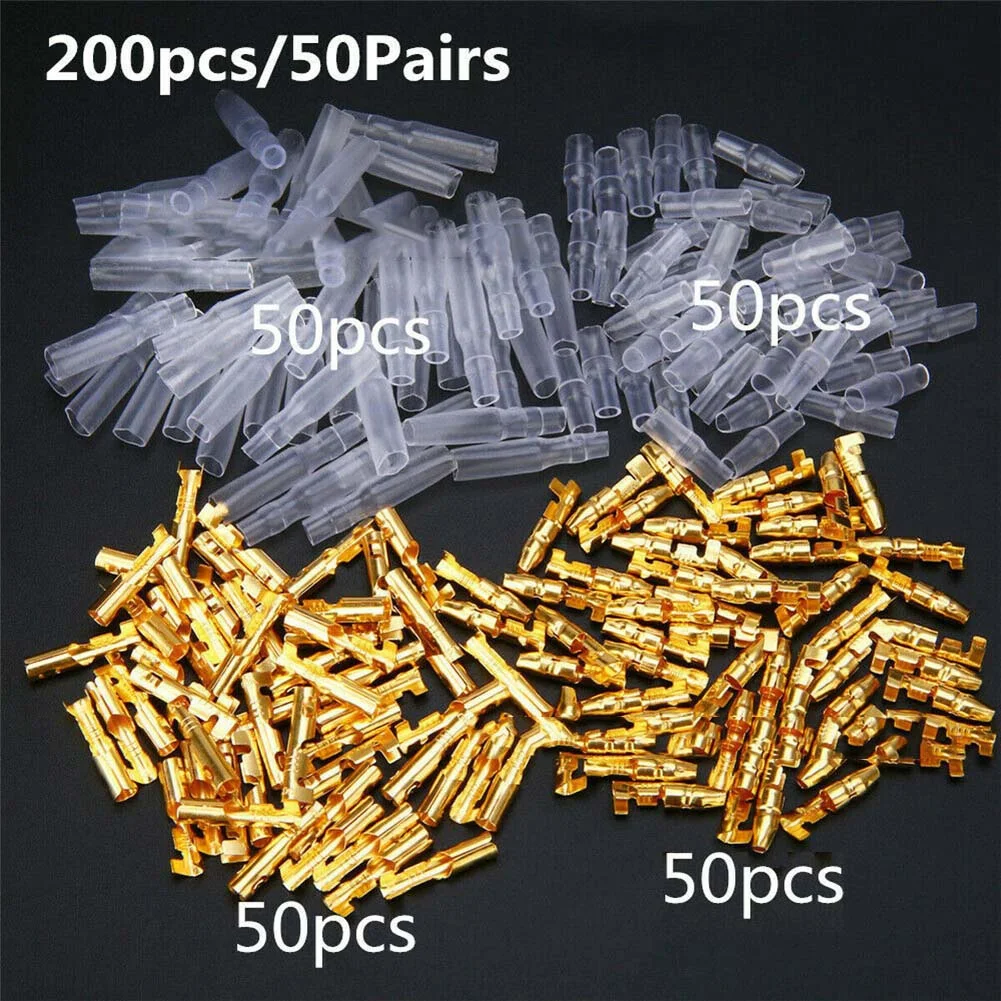 200x Connector Moto 3.9mm Male & 4.0mm Female 50 Set Terminal Transparent Uninsulated W/ Sleeve Crimp Electrical